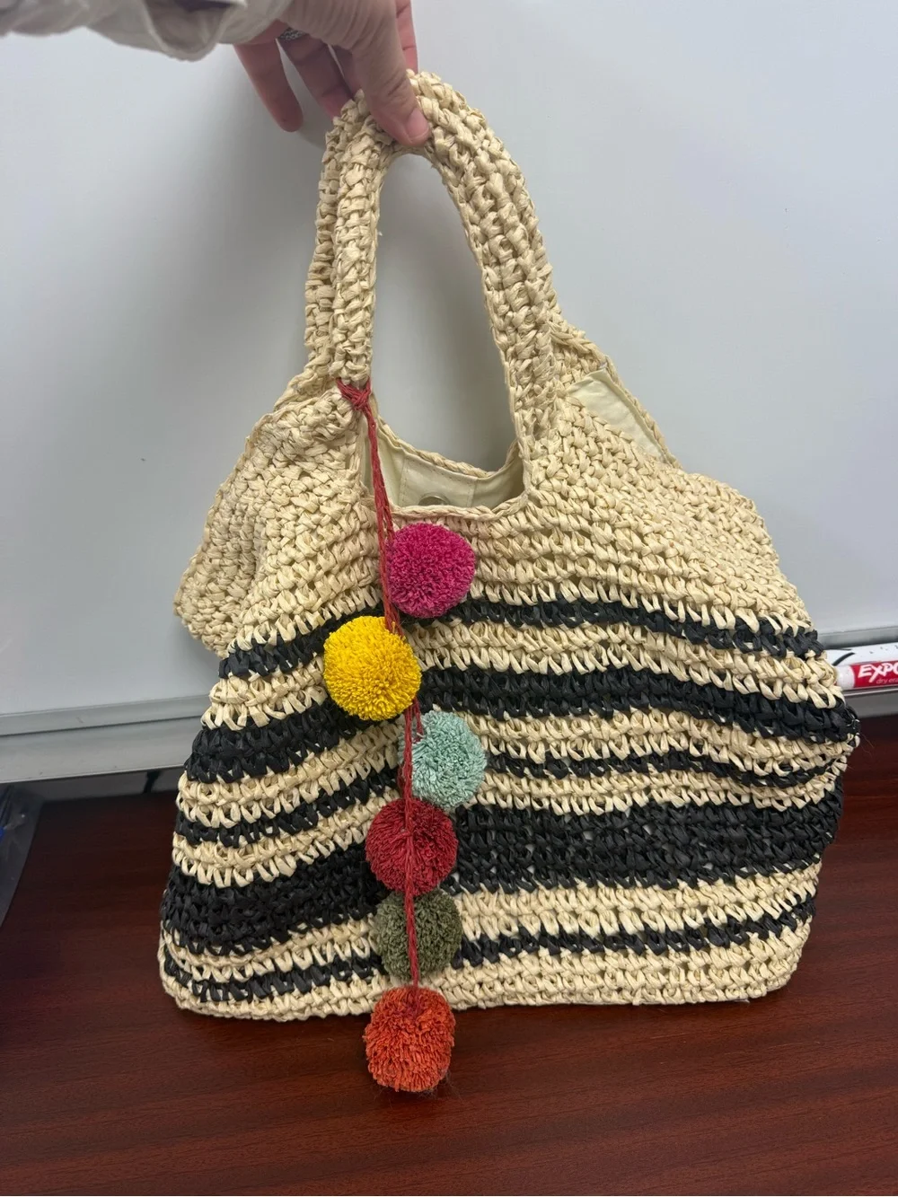 Handwoven Paper Yarn Tote Bag with Colorful Pom-Pome - Cream & Black